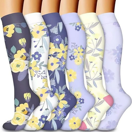 Purple Yellow Flowers Compression Socks(6 Pairs) - Multicolor - S/M - image 1