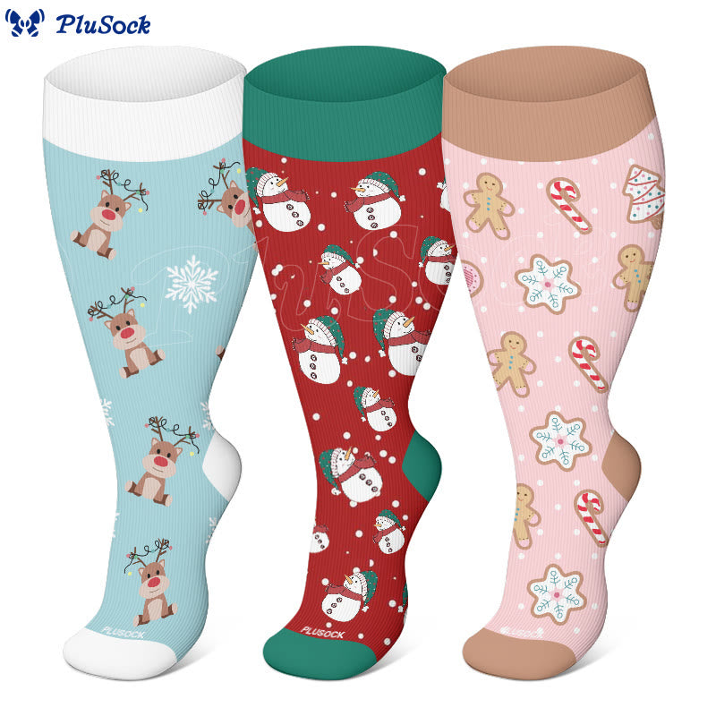 Plus Size Snowman Elk Gingerbread Man Compression Socks(3 Pairs) - image 0