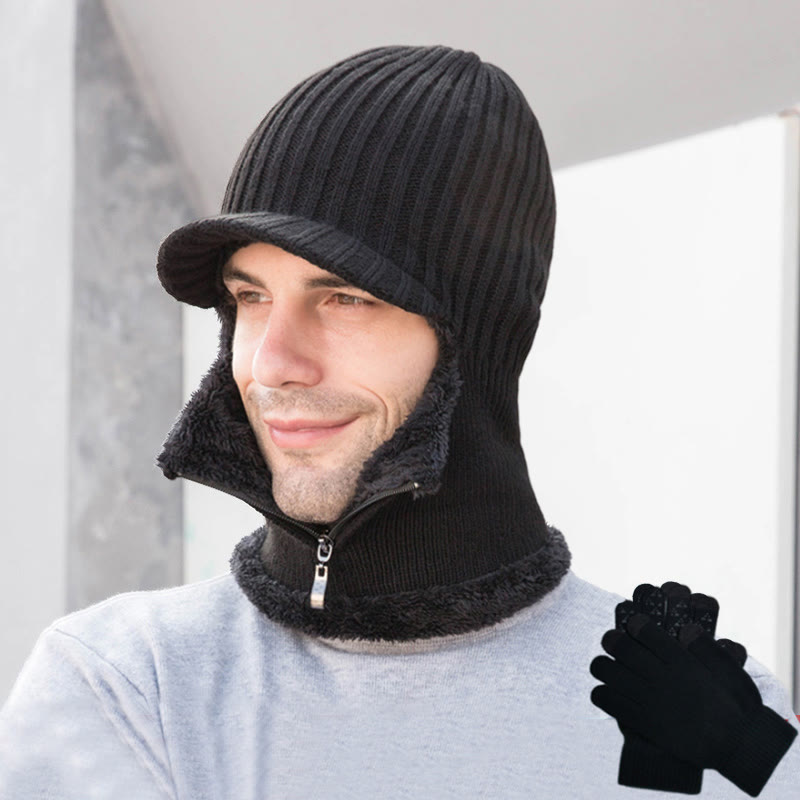 Zipper Beanie Gloves 2 In 1 Set - Black - One Size - image 14