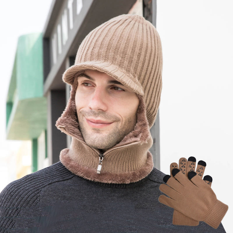 Zipper Beanie Gloves 2 In 1 Set - Khaki - One Size - image 16