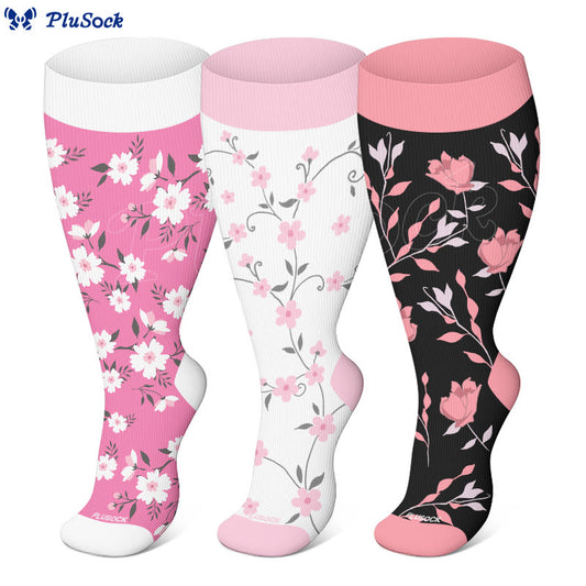 Plus Size Pink Flowers Compression Socks - image 0