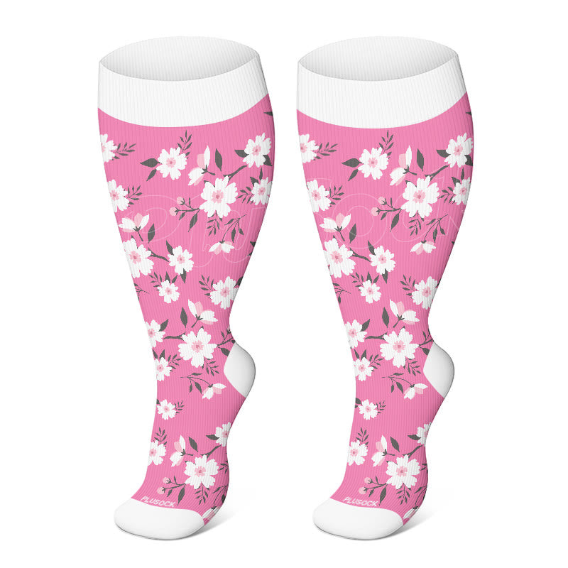 Plus Size Pink Flowers Compression Socks - Pink - 4XL - image 3