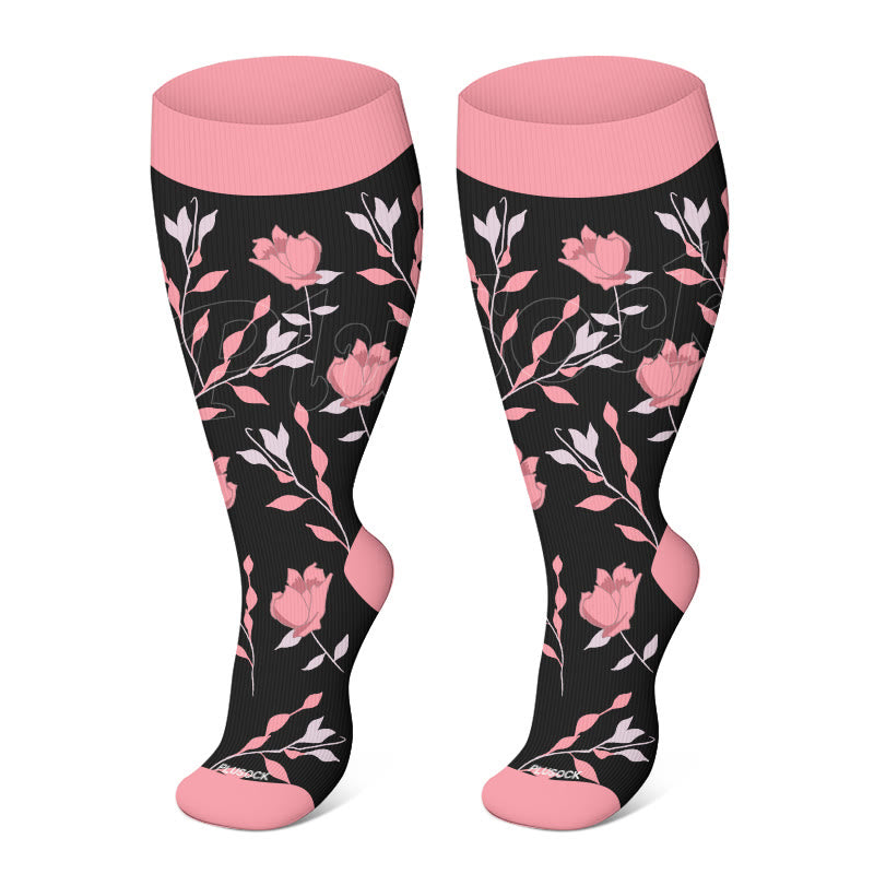 Plus Size Pink Flowers Compression Socks - Black - 4XL - image 2