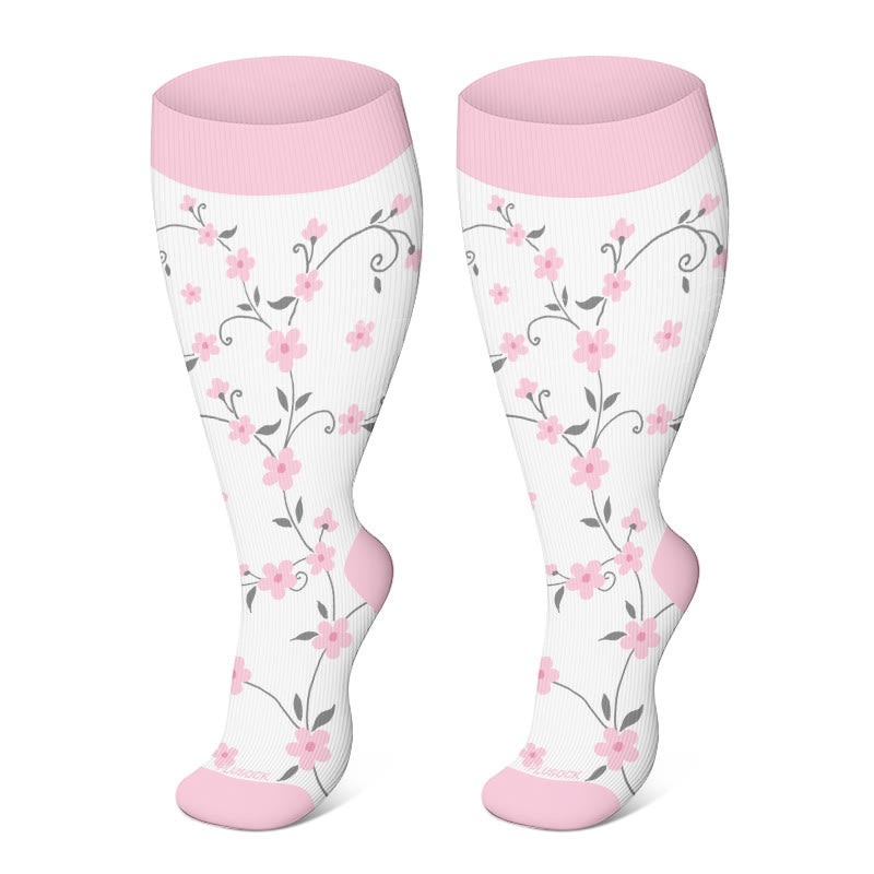 Plus Size Pink Flowers Compression Socks - White - 4XL - image 1