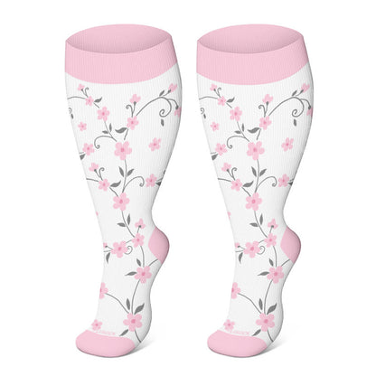 Plus Size Pink Flowers Compression Socks - White - 4XL - image 1