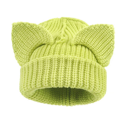 Plus Size Cute Cat Ears Funny Beanie - Fluorescent Green - M - image 8