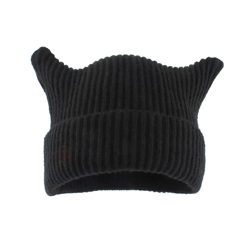 Plus Size Thick Stripes Cat Ears Beanie - Black - One Size - image 3