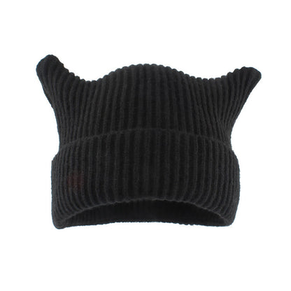 Plus Size Thick Stripes Cat Ears Beanie - Black - One Size - image 3