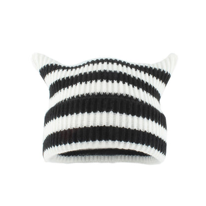 Plus Size Thick Stripes Cat Ears Beanie - White - One Size - image 8