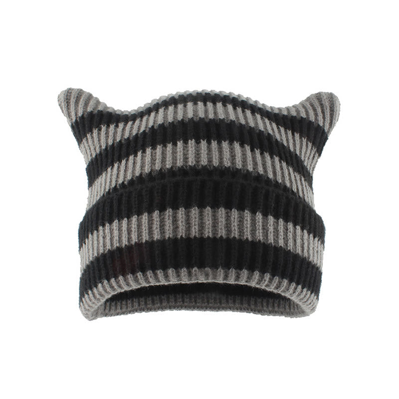 Plus Size Thick Stripes Cat Ears Beanie - Grey - One Size - image 1