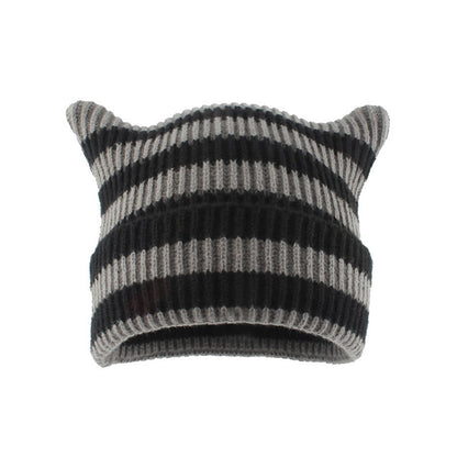 Plus Size Thick Stripes Cat Ears Beanie - Grey - One Size - image 1