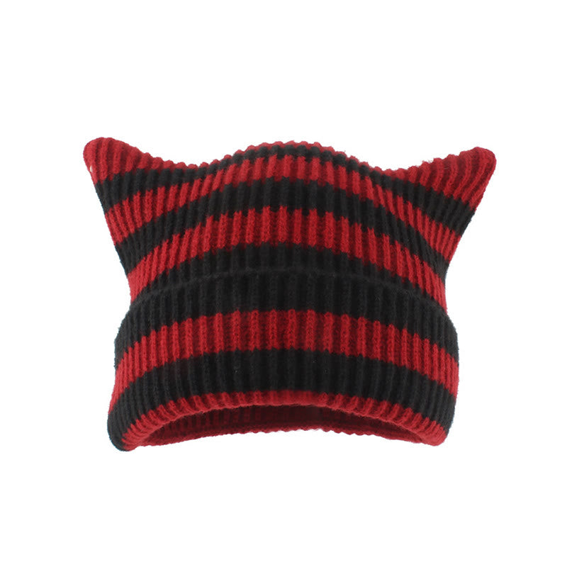 Plus Size Thick Stripes Cat Ears Beanie - Red - One Size - image 7