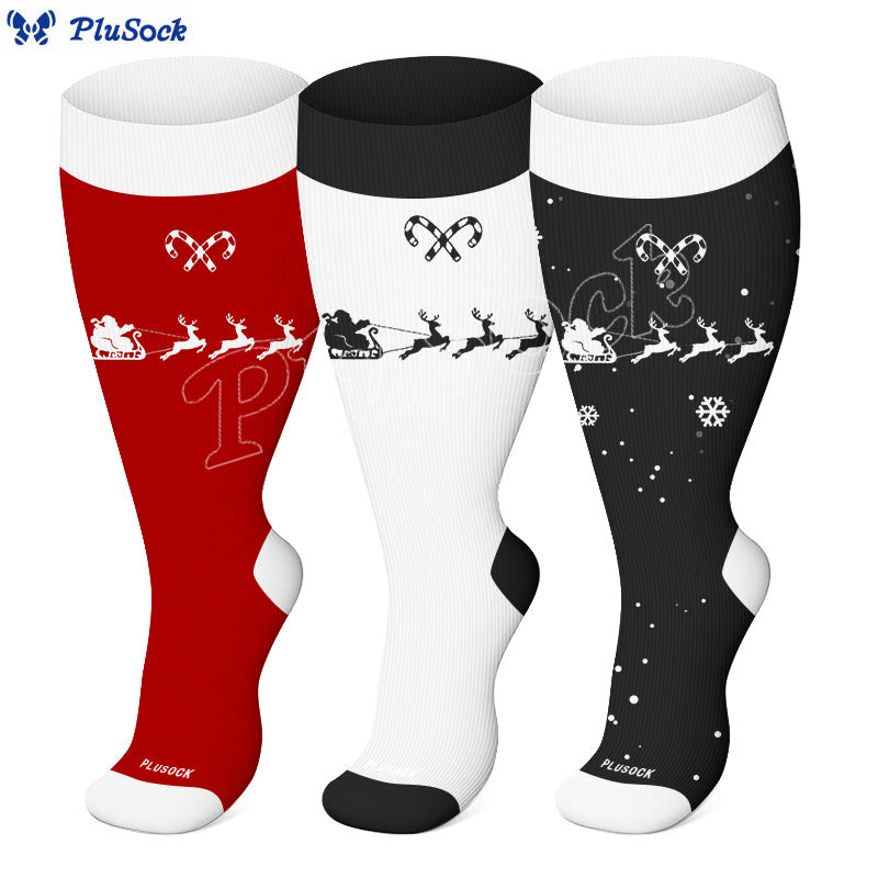 Plus Size Candy Cane Elk Compression Socks(3 Pairs) - image 2