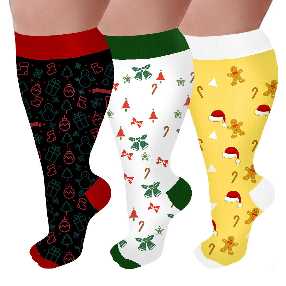 Plus Size Bell Gingerbread Man Compression Socks(3 Pairs) - Multicolor - 4XL - image 0