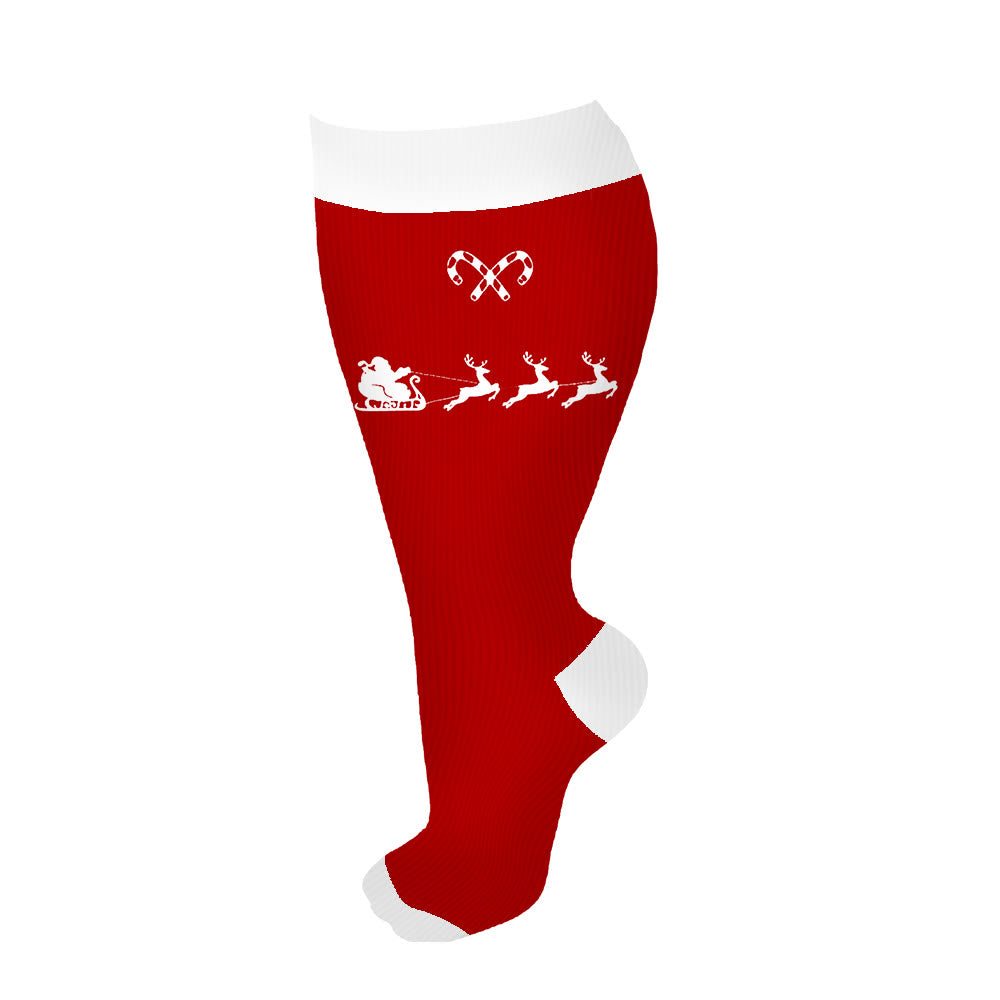 Plus Size Candy Cane Elk Compression Socks(3 Pairs) - Red - 4XL - image 11