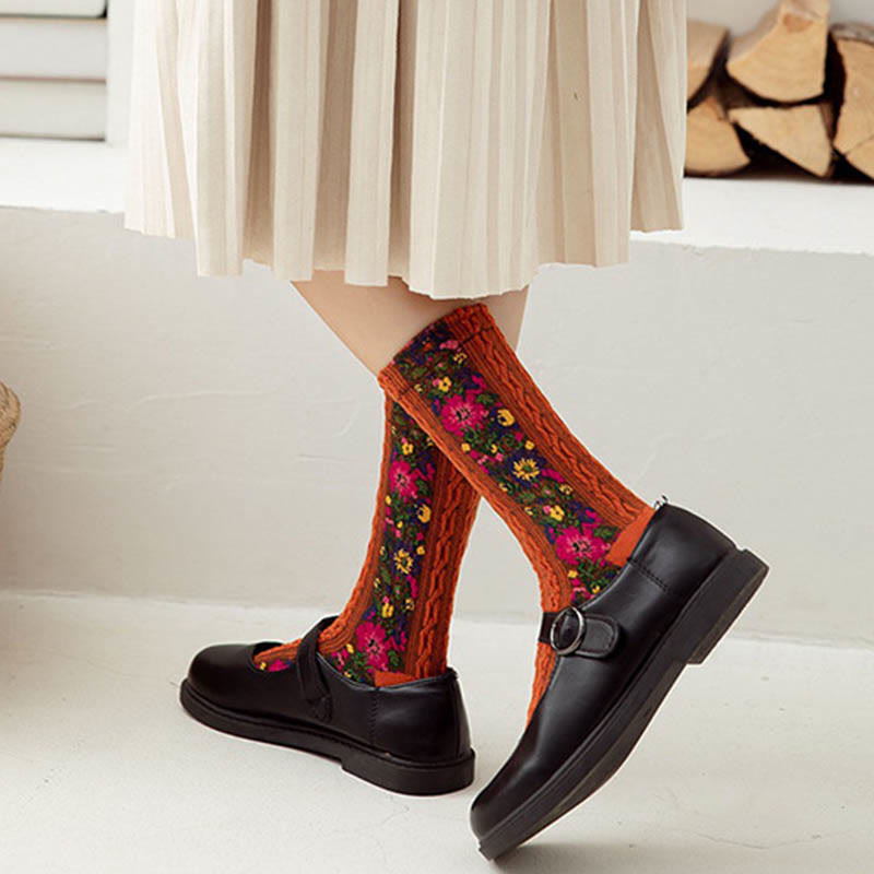 Folk Style Floral Quarter Socks(5 Pairs)
