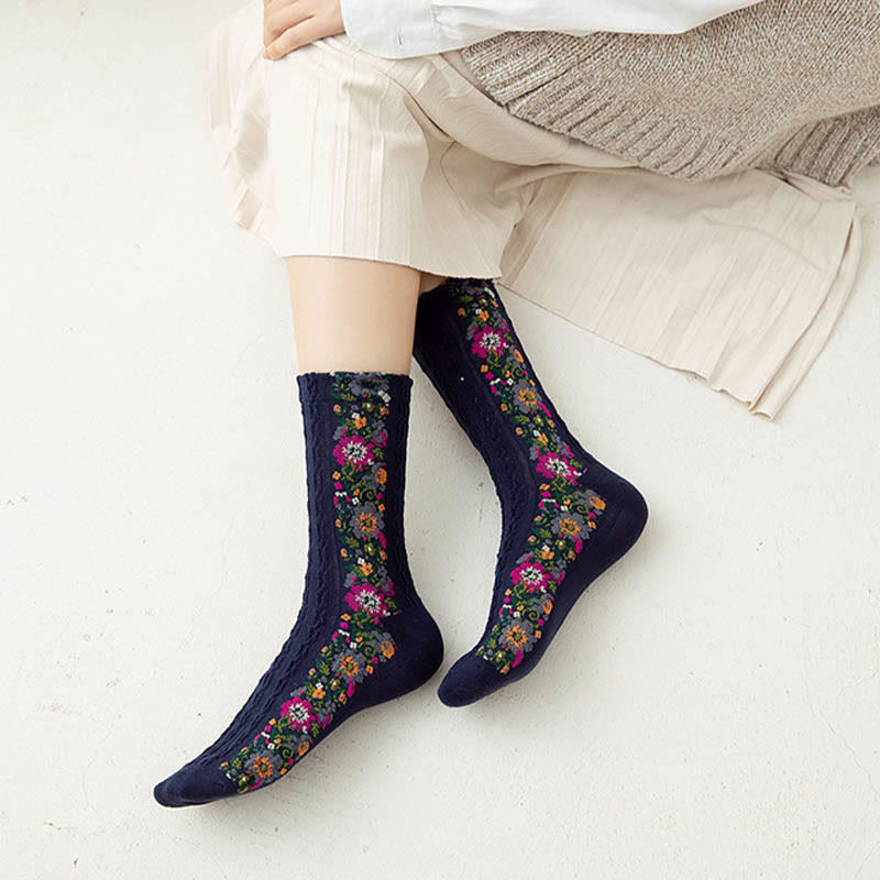 Folk Style Floral Quarter Socks(5 Pairs)