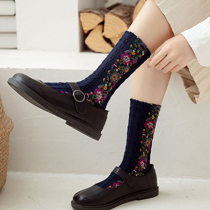 Folk Style Floral Quarter Socks(5 Pairs)