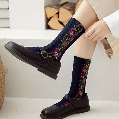 Folk Style Floral Quarter Socks(5 Pairs)