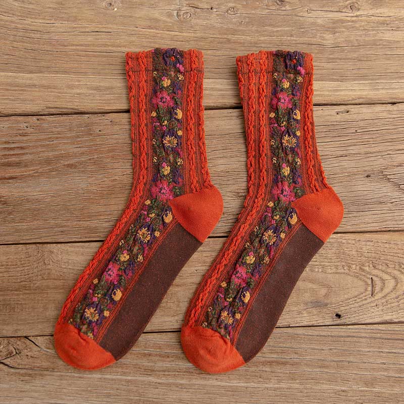 Folk Style Floral Quarter Socks(5 Pairs)