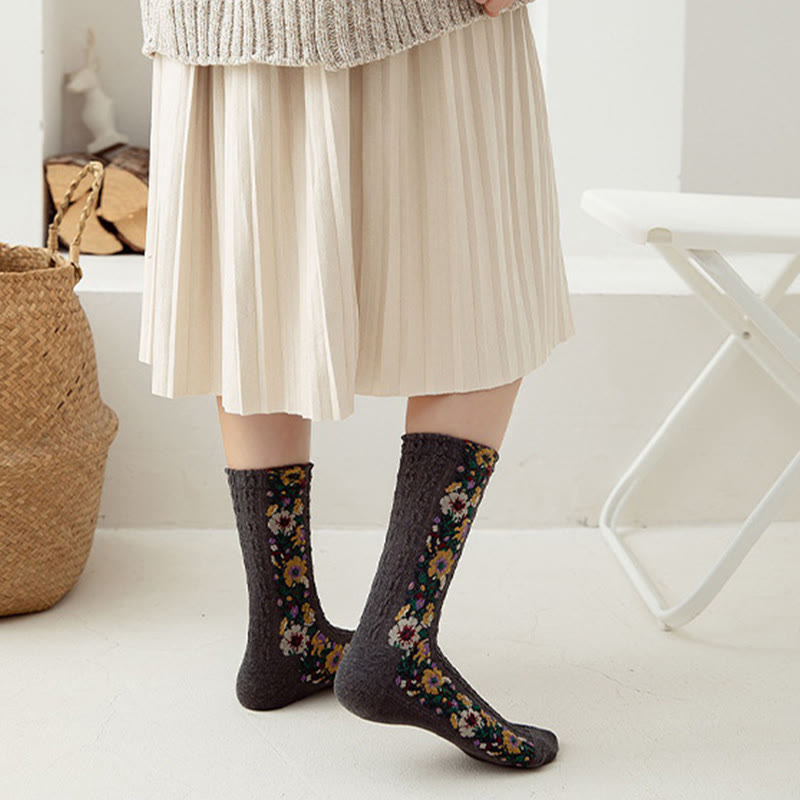 Folk Style Floral Quarter Socks(5 Pairs)