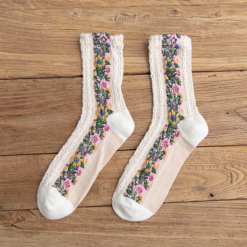 Folk Style Floral Quarter Socks(5 Pairs)