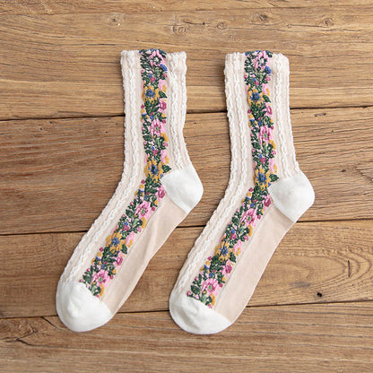 Folk Style Floral Quarter Socks(5 Pairs)