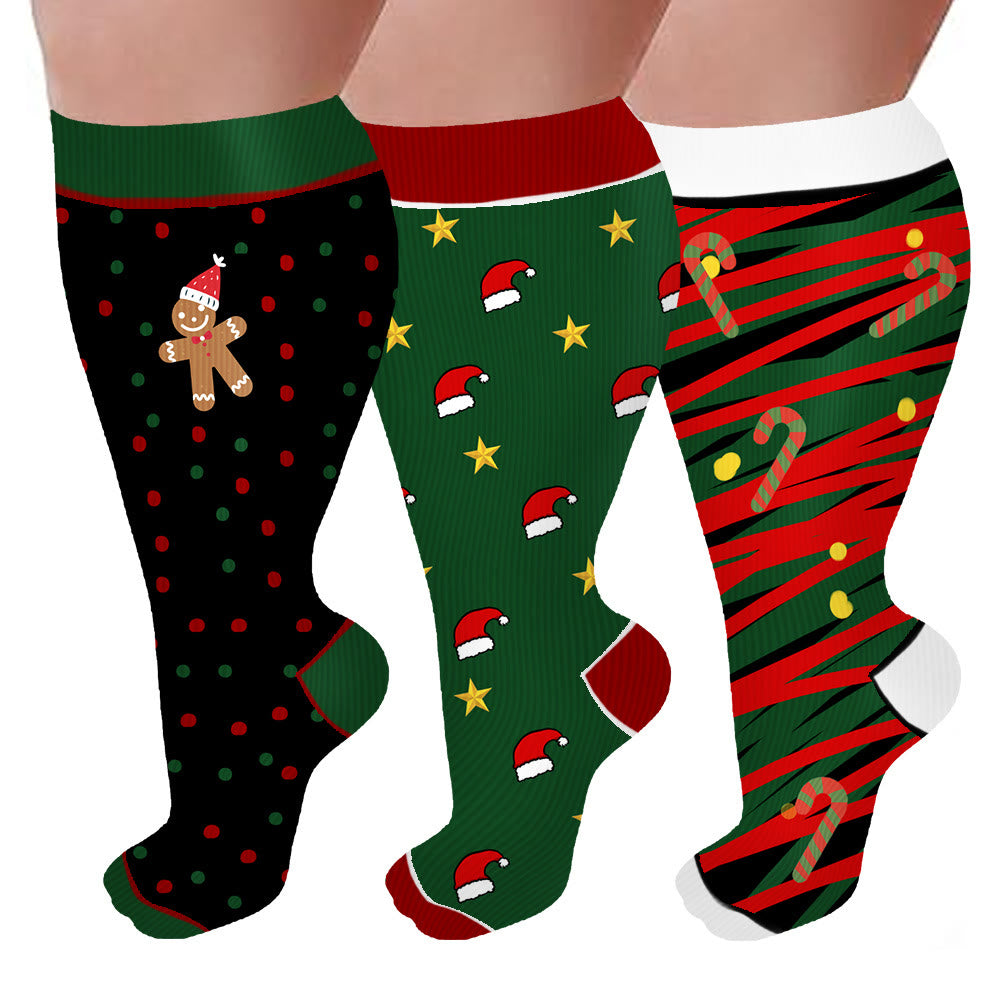Plus Size Polka Dot Gingerbread Man Compression Socks(3 Pairs) - Multicolor - 4XL - image 0