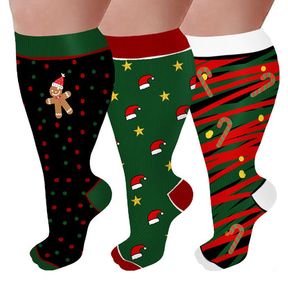 Plus Size Polka Dot Gingerbread Man Compression Socks(3 Pairs) - Multicolor - 4XL - image 0