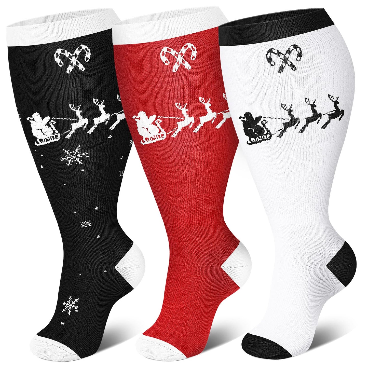 Plus Size Candy Cane Elk Compression Socks(3 Pairs) - image 1
