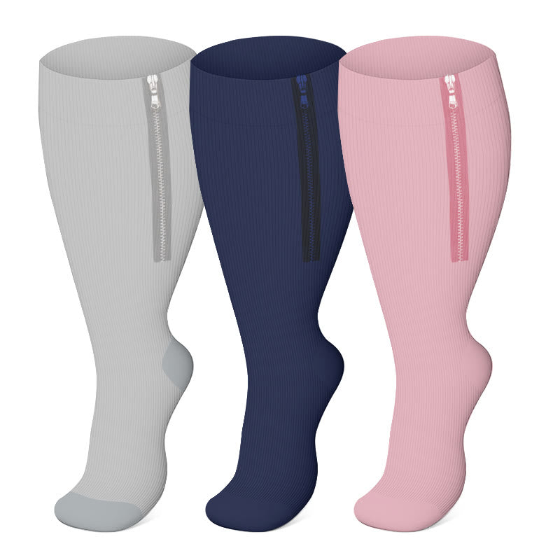 2XL-7XL Plus Size Solid Color Zipper Compression Socks(3 Pairs) - Multicolor - 7XL - image 0