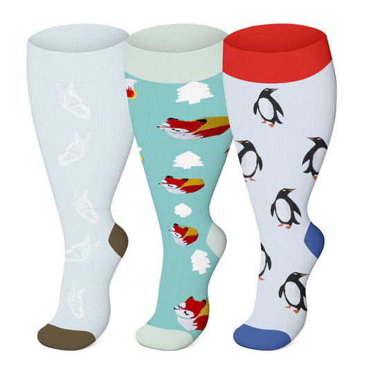 Plus Size Penguin Fox Compression Socks 2XL-7XL(3 Pairs) - Multicolor - 7XL - image 0