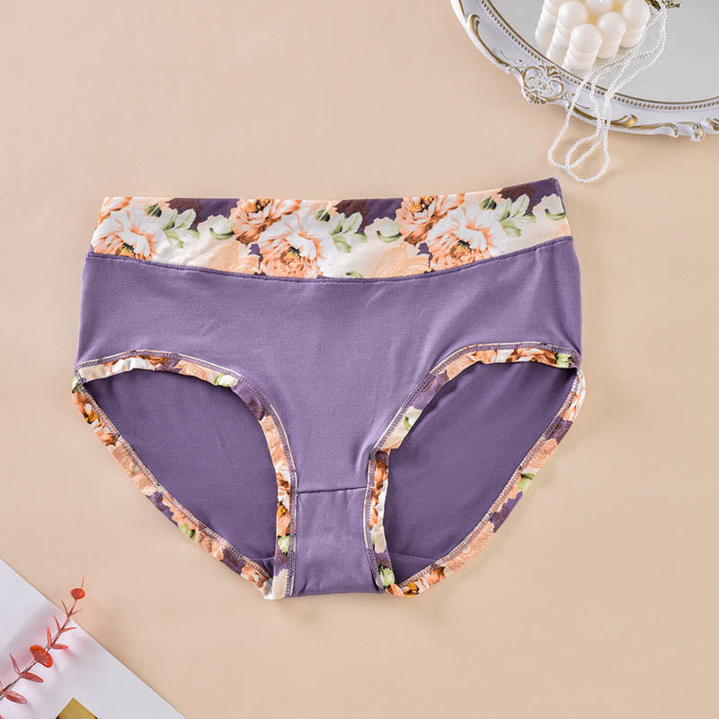 Plus Size Solid Color Floral Print Panty(6 Packs)