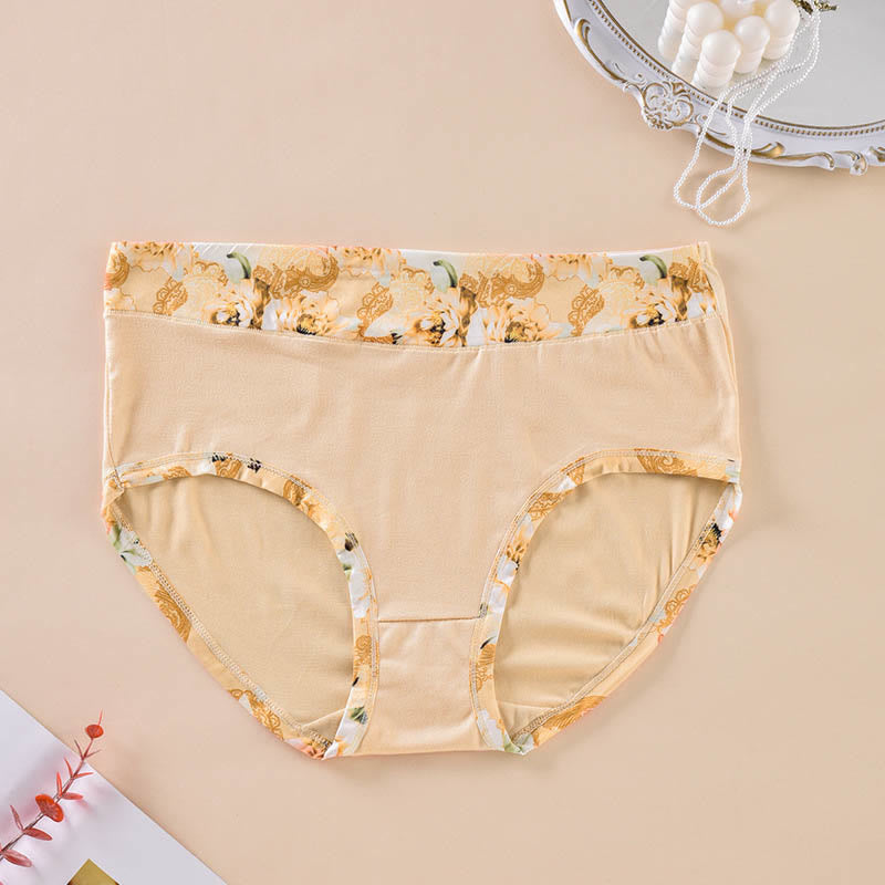 Plus Size Solid Color Floral Print Panty(6 Packs)