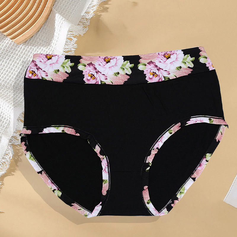 Solid Color Floral Print Panty(6 Packs) - Black - 4XL - image 1