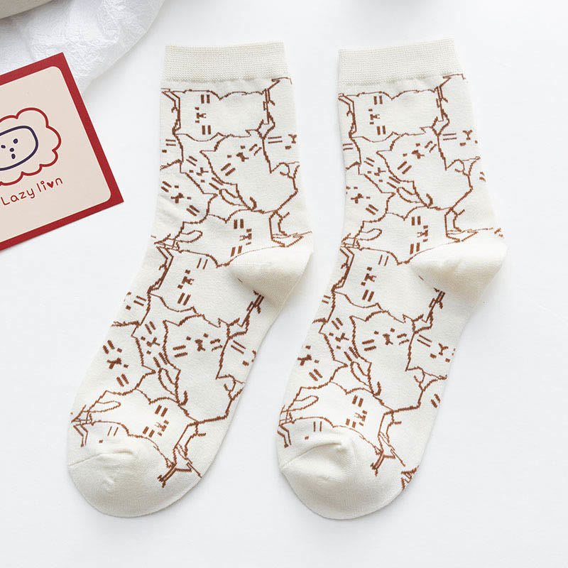 Line Cat Quarter Socks(5 Pairs) - Beige - EU36-40(US3-7) - image 10