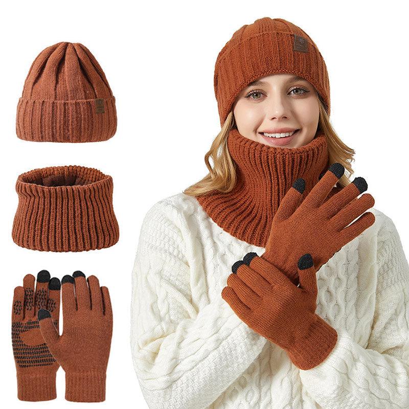 Fashionable Warm Gloves Beanie Scarf 3 In 1 Set