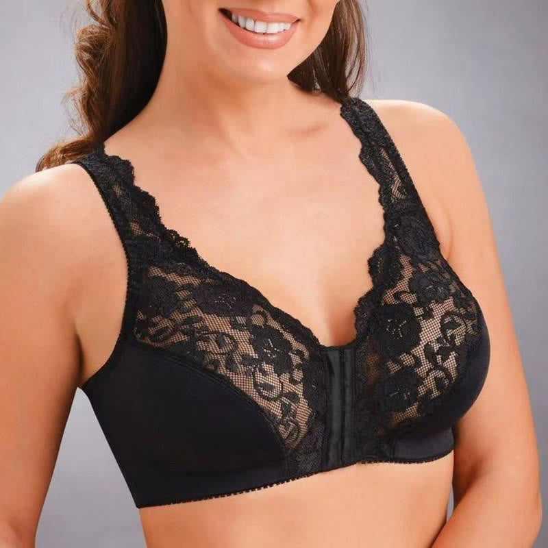 Back Support Lace Wireless Bra - Black - 6XL - image 1