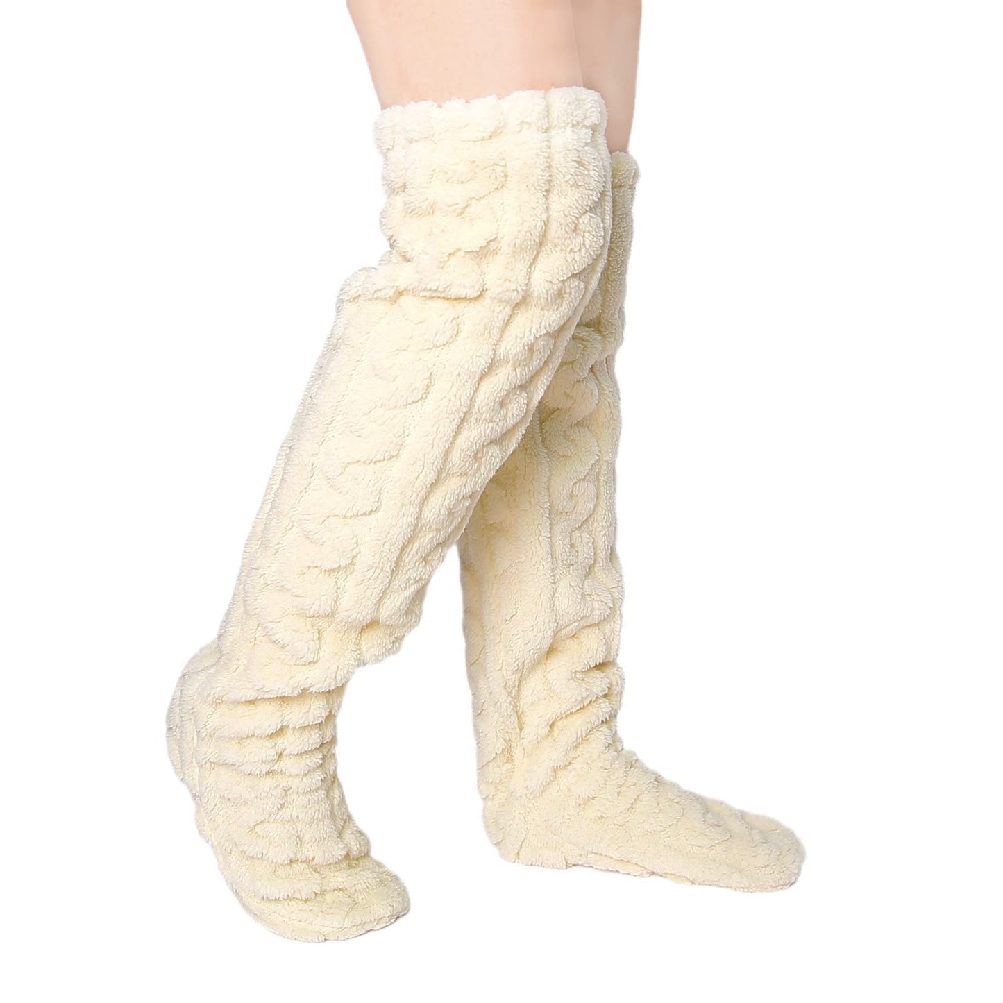 Plus Size Winter Warm Thigh High Slipper Socks - Beige - One Size - image 5