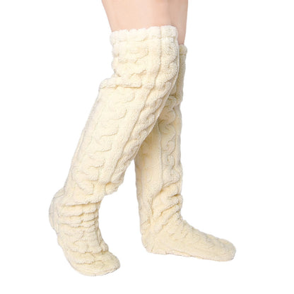 Plus Size Winter Warm Thigh High Slipper Socks - Beige - One Size - image 5