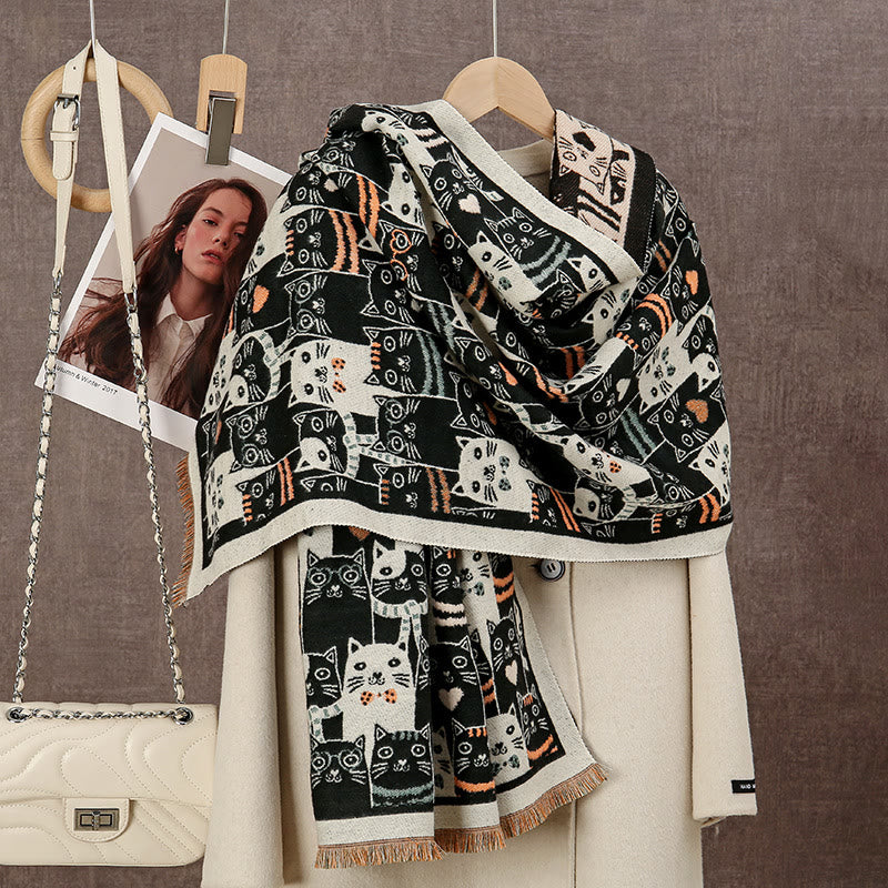 Cartoon Cat Blanket Scarf - Black - One Size - image 1