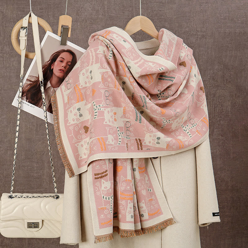 Cartoon Cat Blanket Scarf - Pink - One Size - image 0