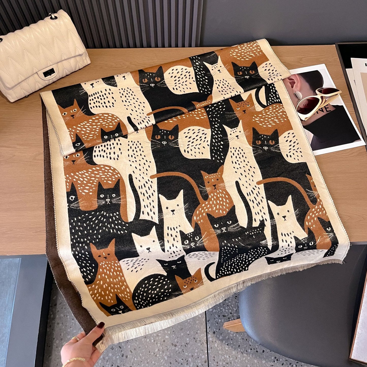 Sweet Cat Jacquard Blanket Scarf - Black - One Size - image 16