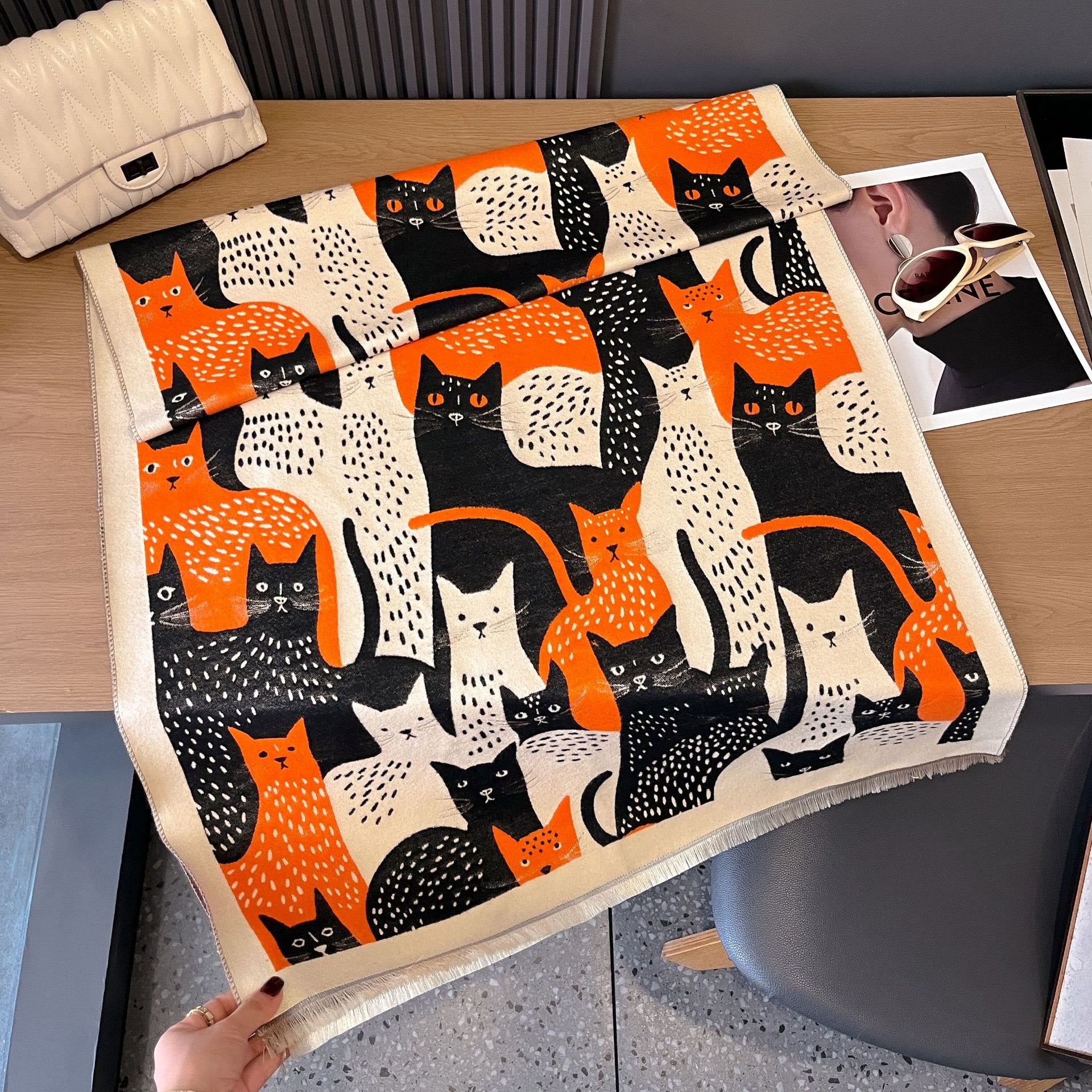 Sweet Cat Jacquard Blanket Scarf - Orange - One Size - image 17