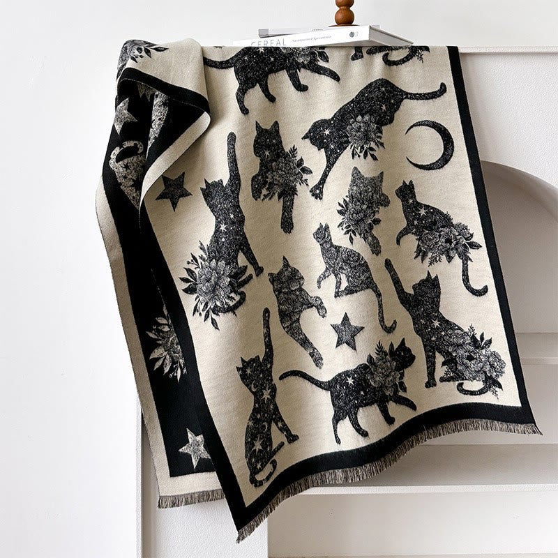 Cat Silhouette Print Blanket Scarf - Black - One Size - image 6