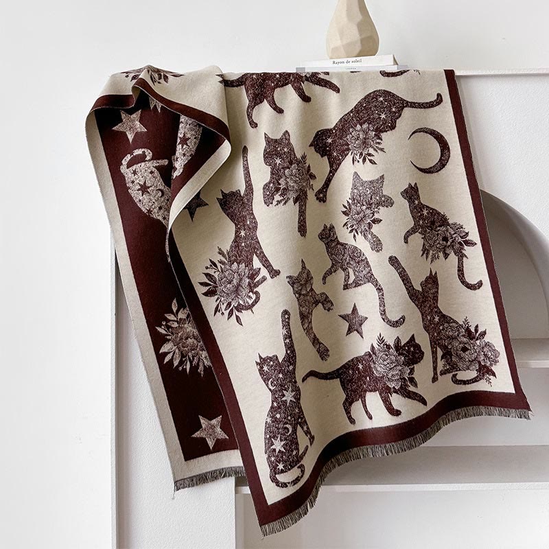 Cat Silhouette Print Blanket Scarf - Brown - One Size - image 6