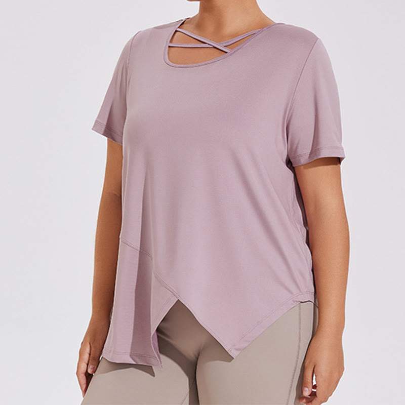 Plus Size Breathable Asymmetric Short sleeve Yoga Shirt - Purple - 4XL - image 1