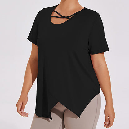 Plus Size Breathable Asymmetric Short sleeve Yoga Shirt - Black - 4XL - image 2