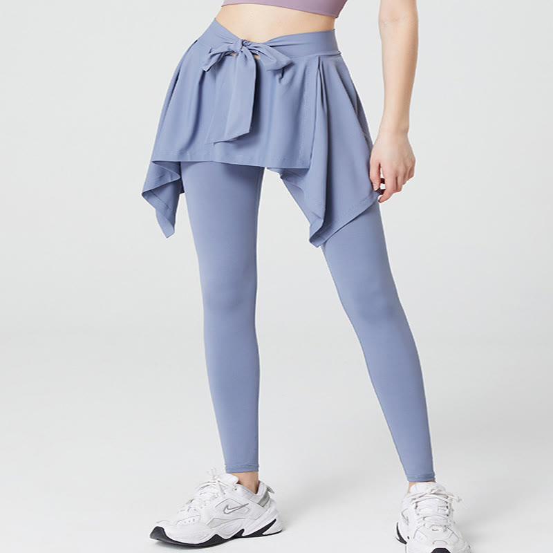 Plus Size 2 in 1 Workout Tie Waist Skirted Yoga Pants - Blue - 5XL - image 1