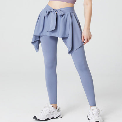 Plus Size 2 in 1 Workout Tie Waist Skirted Yoga Pants - Blue - 5XL - image 1